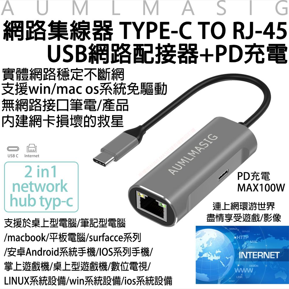 Aumlmasig Usb Type C To Rj Pd W