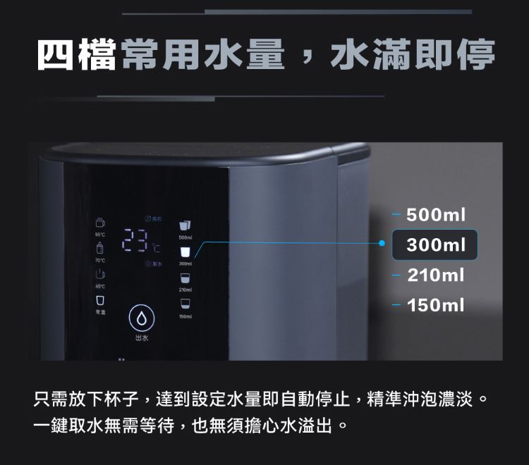 四檔常用水量,水滿即停50mlC°C0500ml300ml210ml150ml150ml只需放下杯子,達到設定水量即自動停止,精準沖泡濃淡。一鍵取水無需等待,也無須擔心水溢出。