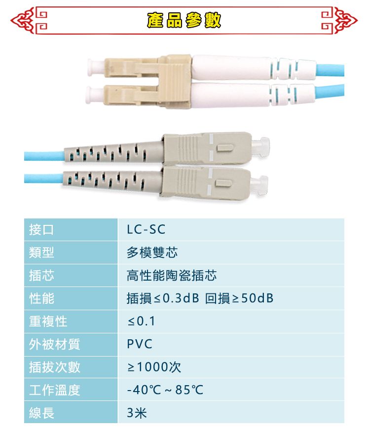 台灣霓虹 電信級LC SC多模10G雙芯OM3光纖跳線3米 PChome 24h購物