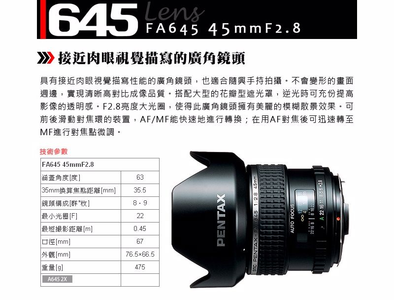 PENTAX SMC FA645 45mm F2.8 (公司貨) - PChome 24h購物