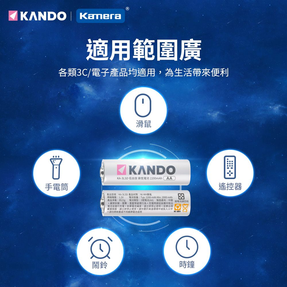 Kamera 佳美能  2200mAh 3號低自放充電電池-12入