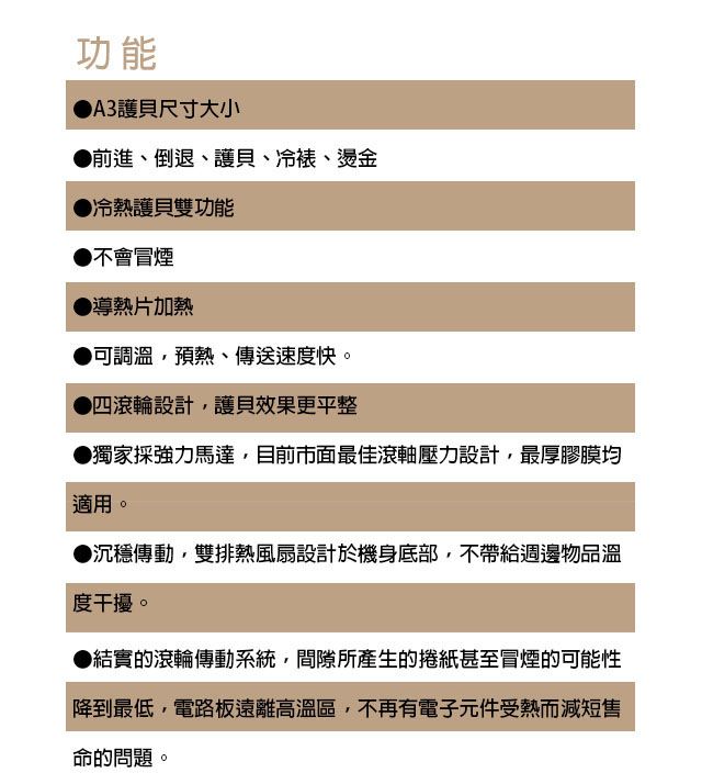 功能A3護貝尺寸大小前進、倒退、護貝、冷裱、燙金●冷熱護貝雙功能● 不會冒煙● 導熱片加熱可調溫預熱、傳送速度快。四滾輪設計,護貝效果更平整●獨家採強力馬達,目前市面最佳滾軸壓力設計,最厚膠膜均適用。▶沉穩傳動,雙排熱風扇設計於機身底部,不帶給週邊物品溫度干擾。●結實的滾輪傳動系統,間隙所產生的捲紙甚至冒煙的可能性降到最低,電路板遠離高溫區,不再有電子元件受熱而減短售命的問題。