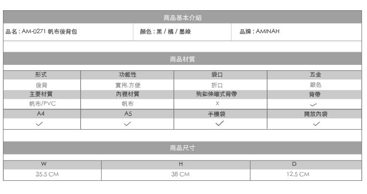 商品基本介紹 品名:AM-0271 帆布後背包顏色:黑/橘/墨綠形式後背主要材質帆布/PVCA4功能性實用方便內裡材質帆布A5商品材質35.5 CM商品尺寸H38 CM品牌:AMINAH袋口五金折口銀色狗伸縮式背帶背帶手機袋開放內袋D12.5 CM