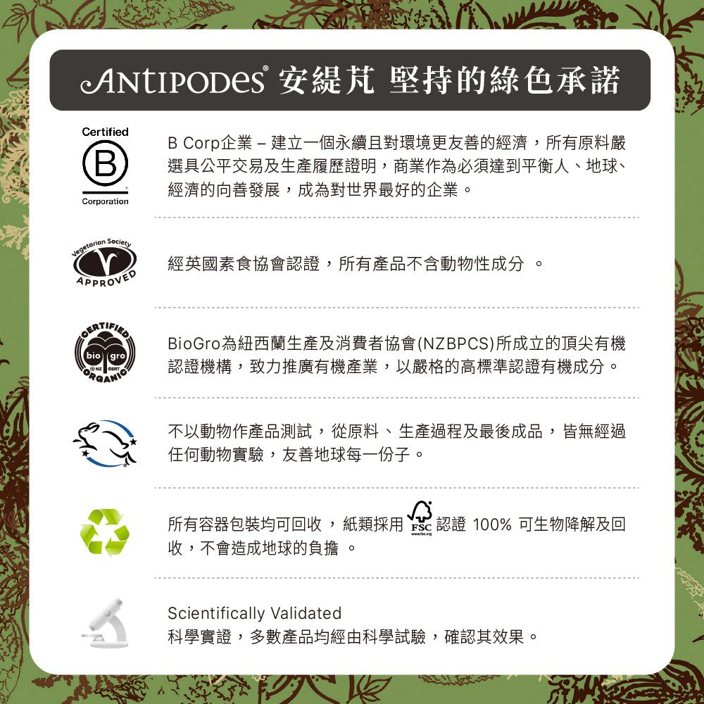 安芃 堅持的綠色承諾CertifiedBB Corp企業 - 建立一個永續且對環境更友善的經濟,所有原料嚴選具公平交易及生產履歷證明,商業作必須達到平衡人、地球、經濟的向善發展,成為對世界最好的企業CorporationVegetarian SocietyAPPROVED經英國素食協會認證,所有產品不含動物性成分 。CERTIFIEDbioORGgroBioGro為紐西蘭生產及消費者協會(NZBPCS)所成立的頂尖有機認證機構,致力推廣有機產業,以嚴格的高標準認證有機成分。不以動物作產品測試,從原料、生產過程及最後成品,皆無經過任何動物實驗,友善地球每一份子。所有容器包裝均可回收,紙類採用 認證 100% 可生物降解及回收,不會造成地球的負擔。Scientifically Validated科學實證,多數產品均經由科學試驗,確認其效果。