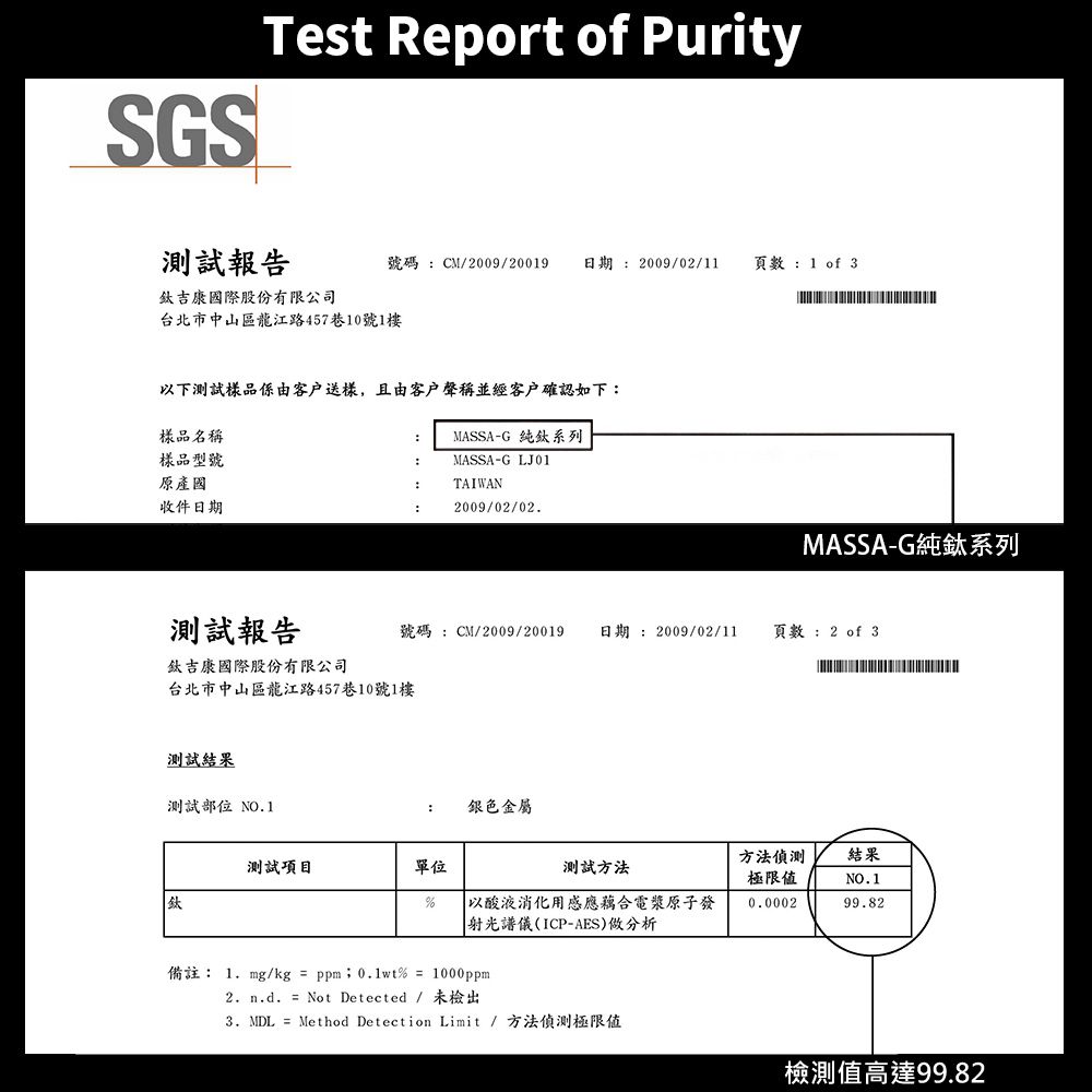 Test Report of PuritySGS測試報告號碼CM/2009/20019日期2009/02/11頁數 1 of 3吉康國際股份有限公司台北市中山區龍江路457巷10號1樓下測試樣品係由客户送樣,且由客戶聲稱並經客戶確認如下樣品名稱:MASSA-G 純系列樣品型號:MASSA-GLJ01原產國:TAIWAN收件日期:2009/02/02.MASSA-G純鈦系列測試報告號碼:CM/2009/20019日期: 2009/02/11 頁數: 2 of 3鈦吉康國際股份有限公司台北市中山區龍江路457巷10號1樓測試結果測試部位 NO.1:銀色金屬測試項目單位測試方法方法偵測極限值結果NO.1鈦% 以酸液消化用感應藕合電漿原子發射光譜儀(ICP-AES)做分析0.000299.82備註: 1. mg/kg = ppm0.1wt% = 1000ppm2. n.d. = Not Detected / 未檢出3. MDL = Method Detection Limit/方法偵測極限值檢測值高達99.82