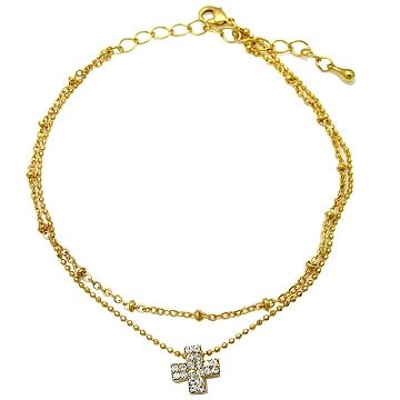 【Charme】 日韓新品 亮眼十字水晶鑽 黃k腳鍊