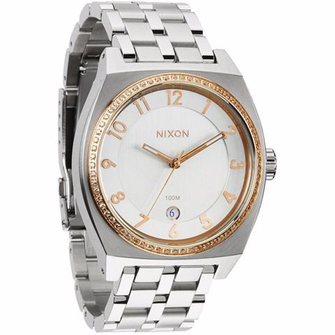 NIXON MONOPOLY輕巧晶鑽都會日期腕錶-銀x玫瑰金