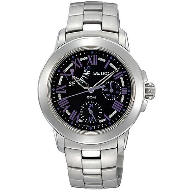 SEIKO 精工 Criteria SPA801P1 羅馬字 藍寶石鏡面 星期逆跳 鋼錶帶 三眼女錶 5Y67-0AV0D 黑/銀 36mm