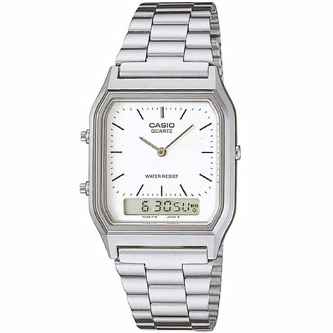 【CASIO 卡西歐】時尚型男復古雙顯設計錶-銀白-AQ-230A-7