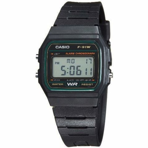 【CASIO 卡西歐】潮流運動電子錶-綠框-F-91W-3DG