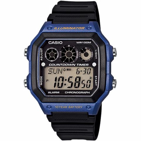 【CASIO 卡西歐】 復古撞色亮眼電子數位 時尚腕錶-黑x藍-AE-1300WH-2A