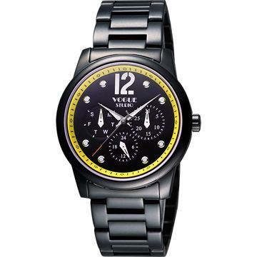 VOGUE 都會時尚藍寶石日曆手錶-IP黑x黃/38mm