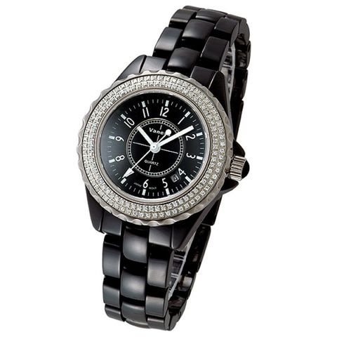 Vaness 低調奢華晶鑽陶瓷錶(黑-小)