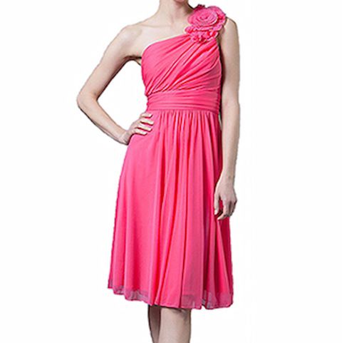 『摩達客』美國進口Landmark斜肩花朵浪漫桃粉派對小禮服/洋裝(含禮盒)