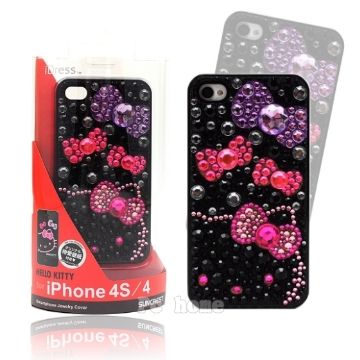 Hello Kitty 日本限定【粉鑽晶亮蝴蝶結】iphone4/4S硬式手機背蓋/殼