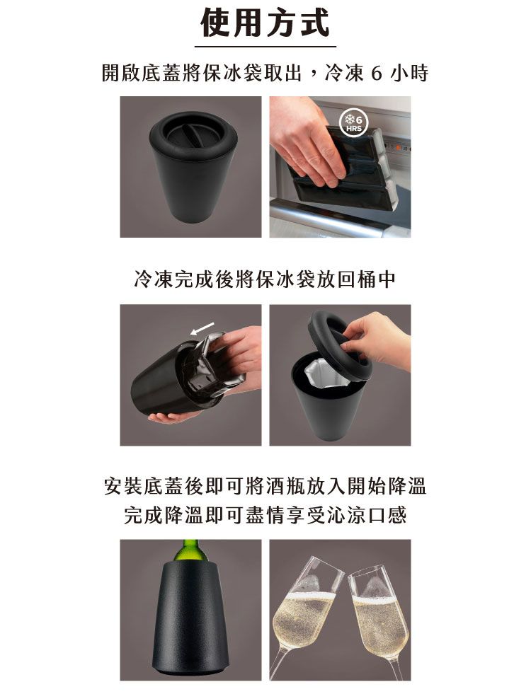 使用方式開啟底蓋將保冰袋取出,冷凍6小時6HRS冷凍完成後將保冰袋放回桶中安裝底蓋後即可將酒瓶放入開始降溫完成降溫即可盡情享受沁涼口感