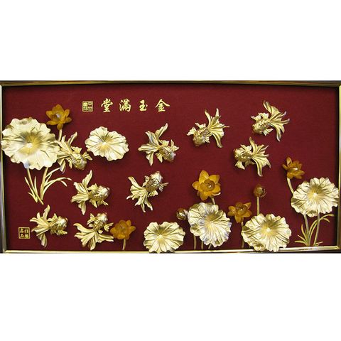 開運陶源 純金金箔畫 *精緻系列* 金魚蓮花【金玉滿堂】106x69.5cm