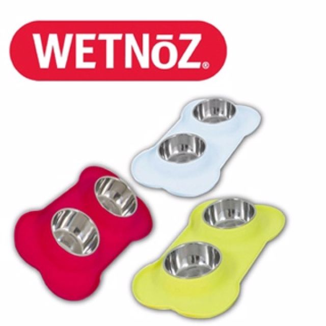 wetnoz -骨頭造型雙碗-適中小型犬貓-白色/桃紅/綠色