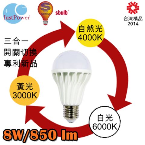 Just Power 8W 可變色溫LED球泡燈 (3入)