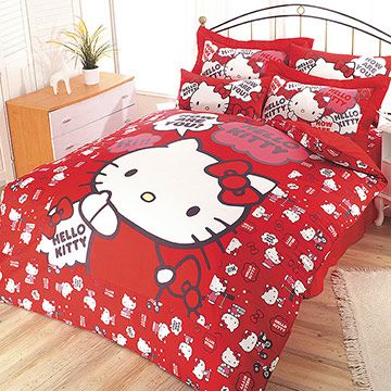 【享夢城堡】HELLO KITTY 嗨~你好嗎系列-精梳棉雙人床包涼被組(紅)