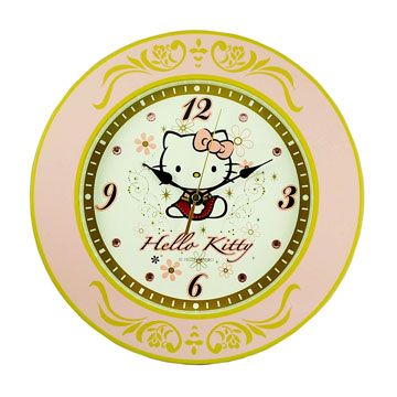 ~限量珍藏版．木頭彩繪~Hello Kitty歐風水鑽瑰麗圖騰掛鐘JM-W511KT