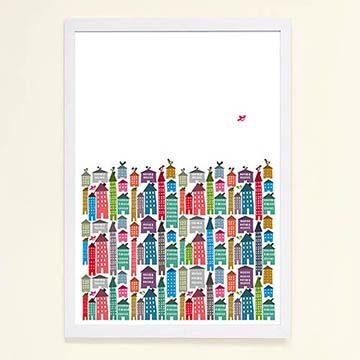 【摩達客】西班牙知名插畫家Judy Kaufmann藝術創作海報掛畫裝飾畫-房屋與鳥 (附Judy本人簽名)(含木框)