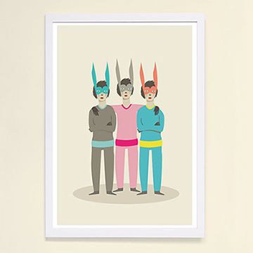 【摩達客】西班牙知名插畫家Judy Kaufmann藝術創作海報掛畫裝飾畫-三胞胎兔面具 (附簽名)(含木框)