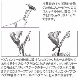 打撃時のすっぽ抜けを防ぐためにスノーピークのロゴ入りベルト付 安全にペグを打ち込み、 抜くことができますペグハンマーの後部に設けられたフックとホールを使ってあらゆるタイプのペグを抜くことができます。 ソリッドステークの場合はソリッドステークのホールにフックを入れて抜きます(20はロープフックに掛けてください)。 ピンタイプのペグの場合にはホールにペグエンドを入れて抜きます。