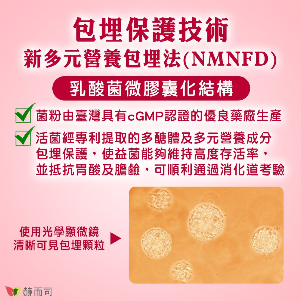 包埋保護技術新多元營養包埋法(NMNFD)乳酸菌微膠囊化結構菌粉由臺灣具有cGMP認證的優良藥廠生產活菌經專利提取的多醣體及多元營養成分包埋保護,使益菌能夠維持高度存活率,並抵抗胃酸及膽鹼,可順利通過消化道考驗使用光學顯微鏡清晰可見包埋顆粒赫而司