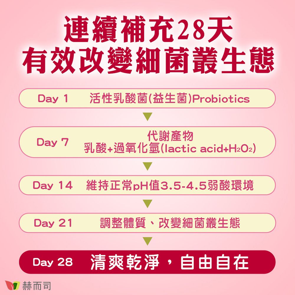 連續補充28天有效改變細菌叢生態Day 1 活性乳酸菌益生菌) Probiotics代謝產物Day 7 乳酸+過氧化(lactic acid+)Day 14 維持正常pH值3.5-4.5弱酸環境Day 21調整體質、改變細菌叢生態Day 28 清爽乾淨,自由自在赫而司