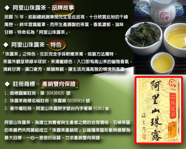 阿 阿里山珠茶品牌故事民國 76 年,前副總統謝東閔先生至此巡視,十分欣賞此地的萬巒,,終年雲霧,而所生產調製的茶葉,香氣濃郁,滋味甘醇,特命名為「阿里山珠露茶」。阿里山珠露茶-特色「珠露茶」之特色,在於完全手採軟嫩茶菁,焙製方法獨特。茶葉外觀呈翠綠半球狀,茶湯蜜綠色入口即有高山茶的幽雅香氣,清純甘潤,滿口含芳,喉韻無窮,讓生活充滿高雅的情境與氛圍註冊商標-產銷雙向保證1.商標圖案註冊第 00438435號2.珠露茶商標名稱註冊:珠露第 00395816 號3. 著作權註冊:阿里山珠露照字號台字著第 91851號阿里山珠露茶,為建立消費者與生產者之間的合理價格,石棹茶區的茶農們共同籌組成立「珠露茶產銷班」以維護茶區形象與信譽為最大目標,一心一意做好品質,力求產銷雙向保證。