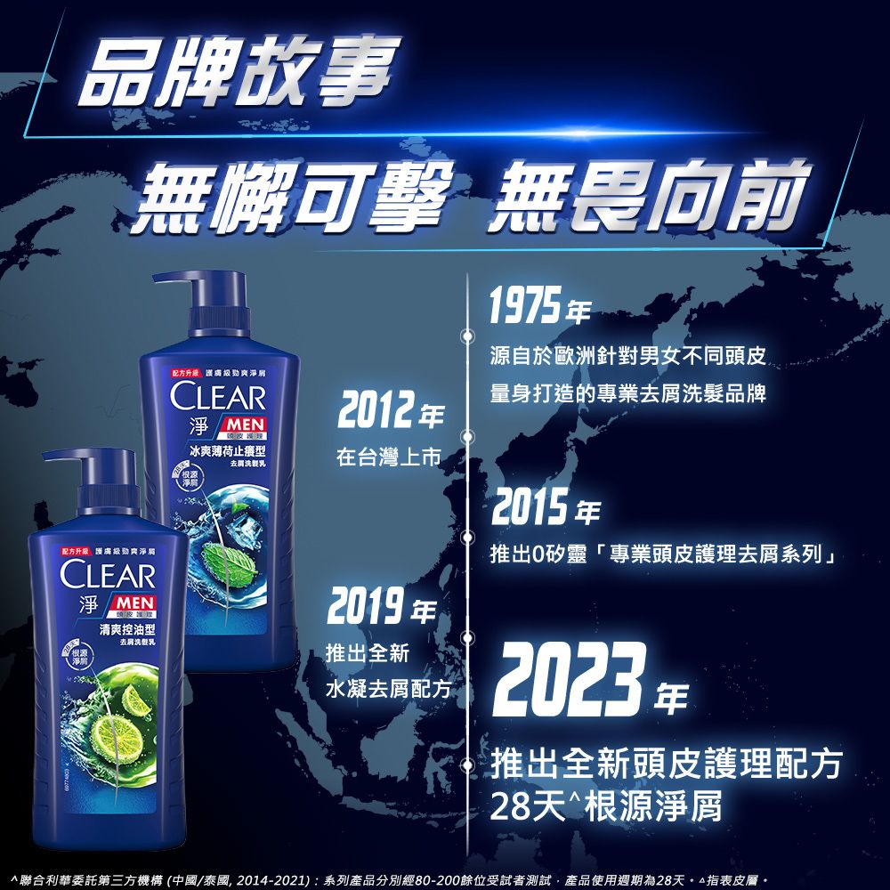 品牌故事無懈可擊 無畏向前配方212年CLEAR冰爽薄荷止型去屑洗在台灣上市1975年源自於歐洲針對男女不同頭皮量身打造的專業去屑洗髮品牌配方升级級爽淨CLEAR淨 MEN2019年2015年推出0矽靈「專業頭皮護理去屑系列」清爽控油型去屑洗髮乳推出全新水凝去屑配方2023 推出全新頭皮護理配方28天根源淨屑^聯合利華委託第三方機構(中國/泰國,2014-2021):系列產品分別經80-200餘位受試者測試,產品使用週期為28天指表皮層