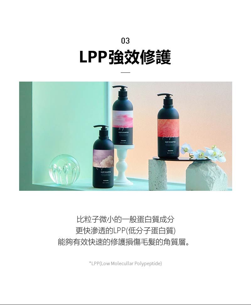 03LPP強效修護比粒子微小的一般蛋白質成分更快滲透的LPP(低分子蛋白質)能夠有效快速的修護損傷毛髮的角質層。*LPP(Low Molecullar Polypeptide)