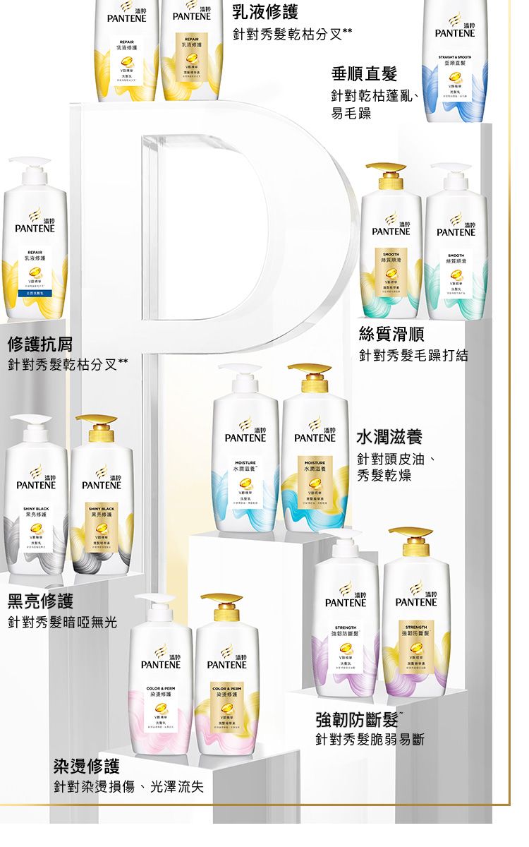 PANTENE乳液PANTENEPANTENE乳液乳液修護乳液修護修護抗針對秀乾枯分叉針對秀髮乾枯分叉PANTENEPANTENE  垂順直髮針對乾枯、易毛躁PANTENEPANTENE絲質絲質滑順針對秀髮毛躁打結PANTENE水潤針對頭皮油、水潤水潤滋養秀髮乾燥PANTENEPANTENE 修護黑亮修護黑亮修護針對秀髮暗啞無光PANTENEPANTENE  染燙修護染燙修護PANTENEPANTENE斷髮強防斷髮染燙修護針對染燙損傷、光澤流失強韌防斷髮針對秀髮脆弱易斷