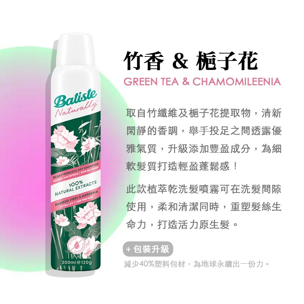 Batiste    DRY SHAMPO100%NATURAL EXTRACTSBAMBOO FIBRE & GARDENIAEXTRA  FOR FINE 竹香 & 梔子花GREEN TEA & CHAMOMILEENIA取自竹纖維及梔子花提取物清新閑靜的香調,舉手投足之間透露優雅氣質,升級添加豐盈成分,為細軟髮質打造輕盈蓬鬆感!此款植萃乾洗髮噴霧可在洗髮間隙使用,柔和清潔同時,重塑髮絲生命力,打造活力原生髮。+包裝升級減少40%塑料包材,為地球永續出一份力。