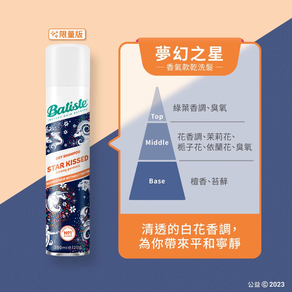夢幻之星香氣款乾洗髮-Batiste HAIR DRY SHAMPOOSTAR KISSEDdreamy gardeniaFRESHES HAIR WITHOUT DRYIN綠葉香調、臭氧Top花香調、茉莉花、Middle栀子花、依蘭花、臭氧Base檀香、苔蘚N清透的白花香調,為你帶來平和寧靜公益 © 2023
