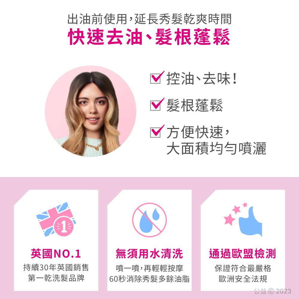 出油前使用,延長秀髮乾爽時間快速去油、髮根蓬鬆 控油、去味!√ 髮根蓬鬆√ 方便快速,大面積均勻噴灑1英國NO.1持續30年英國銷售第一乾洗髮品牌無須用水清洗通過歐盟檢測噴一噴,再輕輕按摩60秒消除秀髮多餘油脂保證符合最嚴格歐洲安全法規公益© 2023