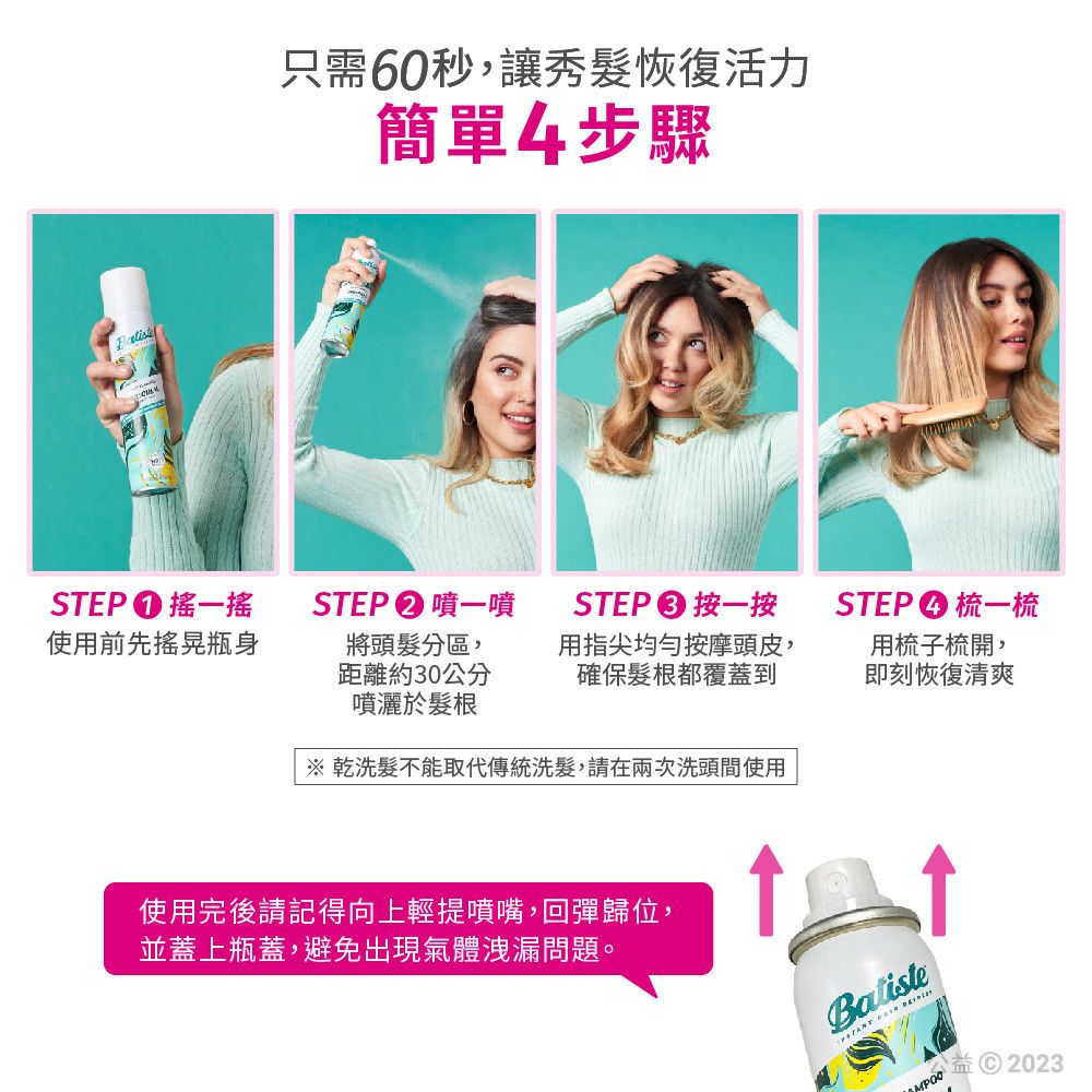 只需60秒,讓秀髮恢復活力簡單4步驟STEP搖一搖使用前先瓶身STEP�噴一噴將頭髮分區,距離約30公分噴灑於髮根STEP 按一按用指尖均勻按摩頭皮,確保髮根都覆蓋到STEP梳一梳用梳子梳開,即刻恢復清爽※ 乾洗髮不能取代傳統洗髮,請在兩次洗頭間使用使用完後請記得向上輕提噴嘴,回彈歸位,並蓋上瓶蓋,避免出現氣體洩漏問題。  2023