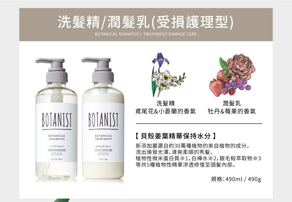 洗髮精潤髮乳(受損護理型)BOTANICAL SHAMPOO / TREATMENT  BOTANIST BOTANISTBOTANICALSHAMPOOiris & Freesia BOTANICALTREATMENT洗髮精潤髮乳鳶尾花&小蒼蘭的香氣 牡丹&莓果的香氣【貝殼姜葉精華保持水分】peony & berry新添加嚴選自約30萬種植物的來自植物的成分。 CAREDAMAGE洗出煥發光澤,清爽柔順的秀髮。植物性微米蛋白質1,白樺水※2,毛椴萃取物3等共5種植物性精華滲透修復至頭髮內部。規格:490ml/490g