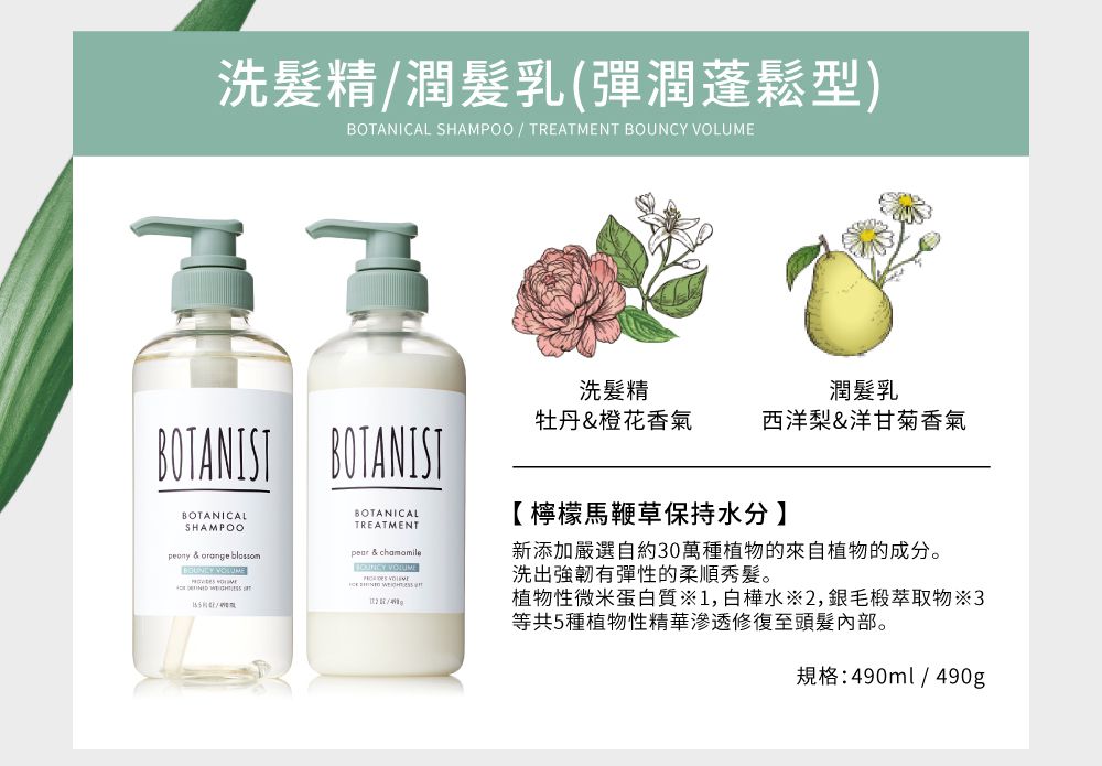 洗髮精潤髮乳(彈潤蓬鬆型)BOTANICAL SHAMPOO  TREATMENT BOUNCY 洗髮精潤髮乳牡丹&橙花香氣西洋梨&洋甘菊香氣 BOTANICALSHAMPOOBOTANICALTREATMENTpeony & orange pear & chamomile   VOLUME /【檸檬馬鞭草保持水分】新添加嚴選自約30萬種植物的來自植物的成分。洗出強韌有彈性的柔順秀髮。植物性微米蛋白質1,白樺水※2,毛椴萃取物3等共5種植物性精華滲透修復至頭髮內部。規格:490ml/490g