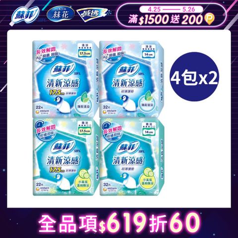 (2大組)【蘇菲】清新涼感護墊 薄荷清涼/小黃瓜微涼 4入組