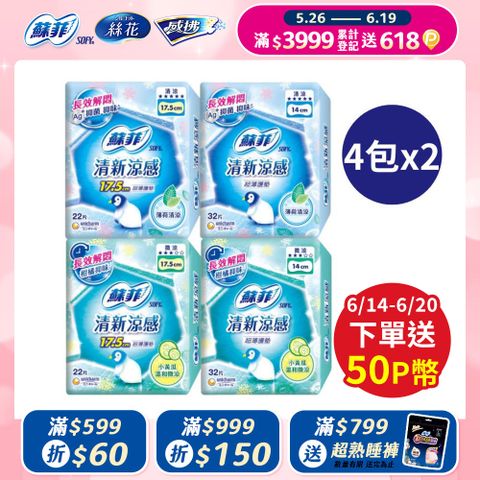 (2大組)【蘇菲】清新涼感護墊 薄荷清涼/小黃瓜微涼 4入組