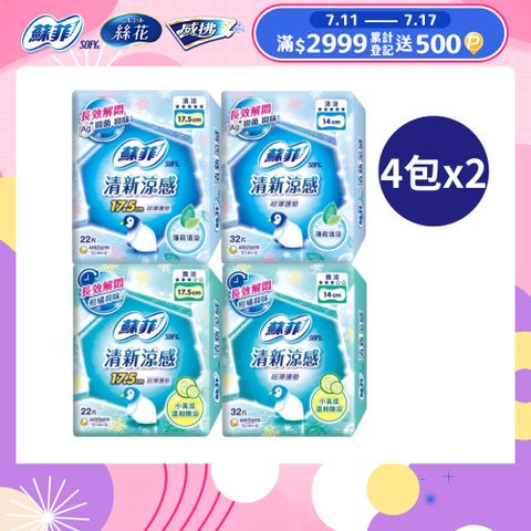 (2大組)【蘇菲】清新涼感護墊 薄荷清涼/小黃瓜微涼 4入組