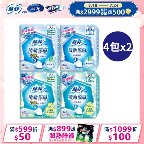 (2大組)【蘇菲】清新涼感護墊 薄荷清涼/小黃瓜微涼 4入組
