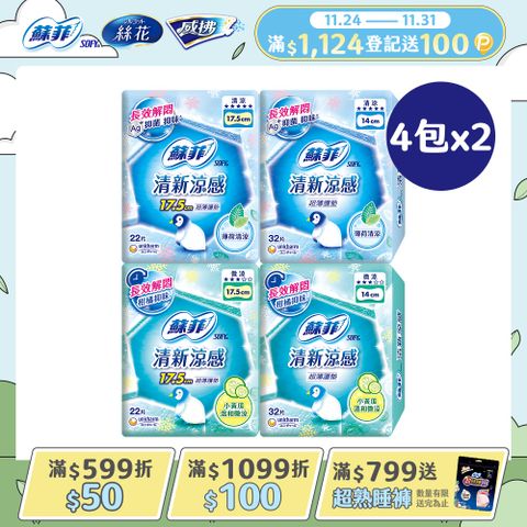 (2大組)【蘇菲】清新涼感護墊 薄荷清涼/小黃瓜微涼 4入組