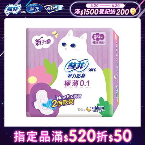 蘇菲 彈力貼身極薄 0.1 日用潔翼(23CM)(18片 x 2包/組)