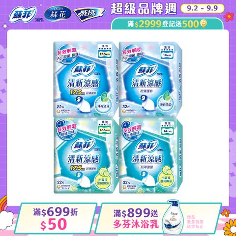【蘇菲】清新涼感護墊 薄荷清涼/小黃瓜微涼 4入組(14/17.5cm)