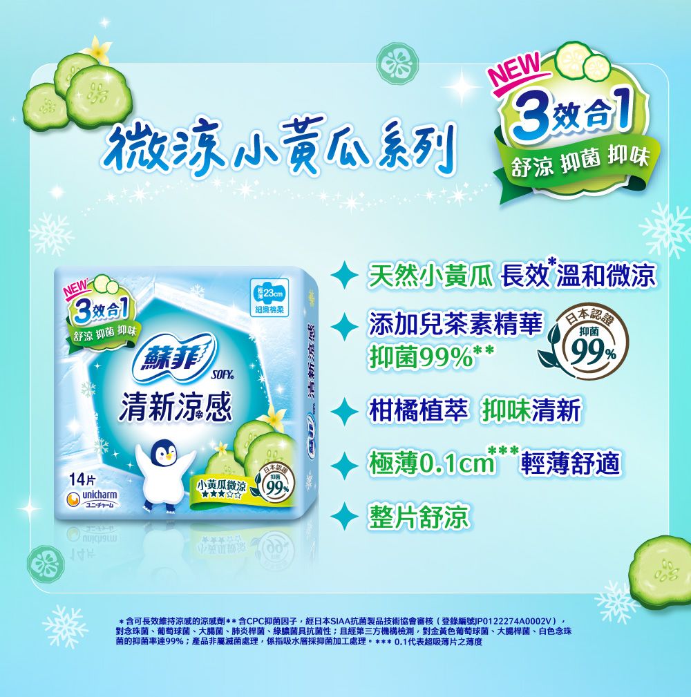 微涼小黃瓜系列NEWA3效舒涼 抑菌 抑味3效合舒涼 抑菌 抑味蘇菲SOFY涼感♦ 天然小黃瓜 長效 溫和微涼細緻棉柔添加兒茶素精華日本認證14片小黃瓜微涼unicharm99 清新流感抑菌99%**抑菌99%柑橘植萃 抑味清新極薄0.1cm 輕薄舒適整片舒涼*可長效維持涼感的涼感劑**含CPC抑菌因子經日本SIAA抗菌製品技術協會審核(登錄編號P0122274A0002V),對念珠菌、葡萄球菌、大腸菌、肺炎桿菌、綠膿菌具抗菌性;且經第三方機構檢測,對金黃色葡萄球菌、大腸桿菌、白色念珠菌的抑菌率達99%;產品非屬滅菌處理,係指吸水層採抑菌加工處理0.1代表超吸薄片之薄度