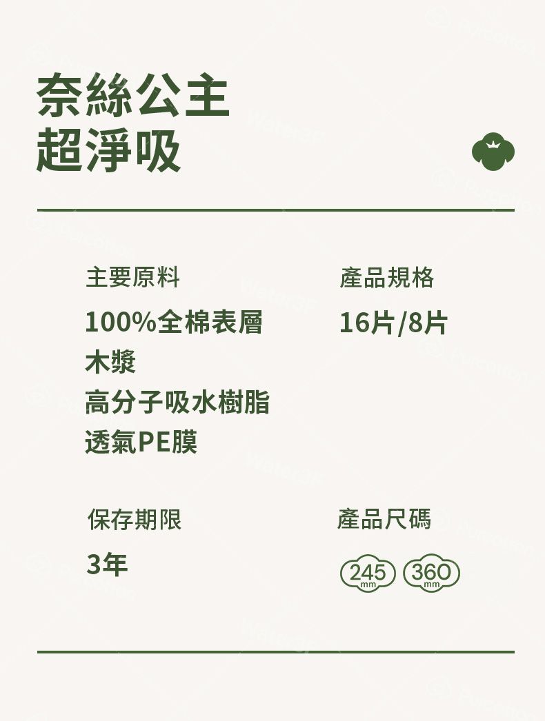 奈絲公主超淨吸主要原料產品規格100%全棉表層木漿16片/8片高分子吸水樹脂透氣PE膜保存期限產品尺碼3年245 360mmmm
