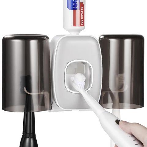 【Ahoye】3in1免打孔牙刷架+自動擠牙膏器+漱口杯架 (浴室收納置物架)